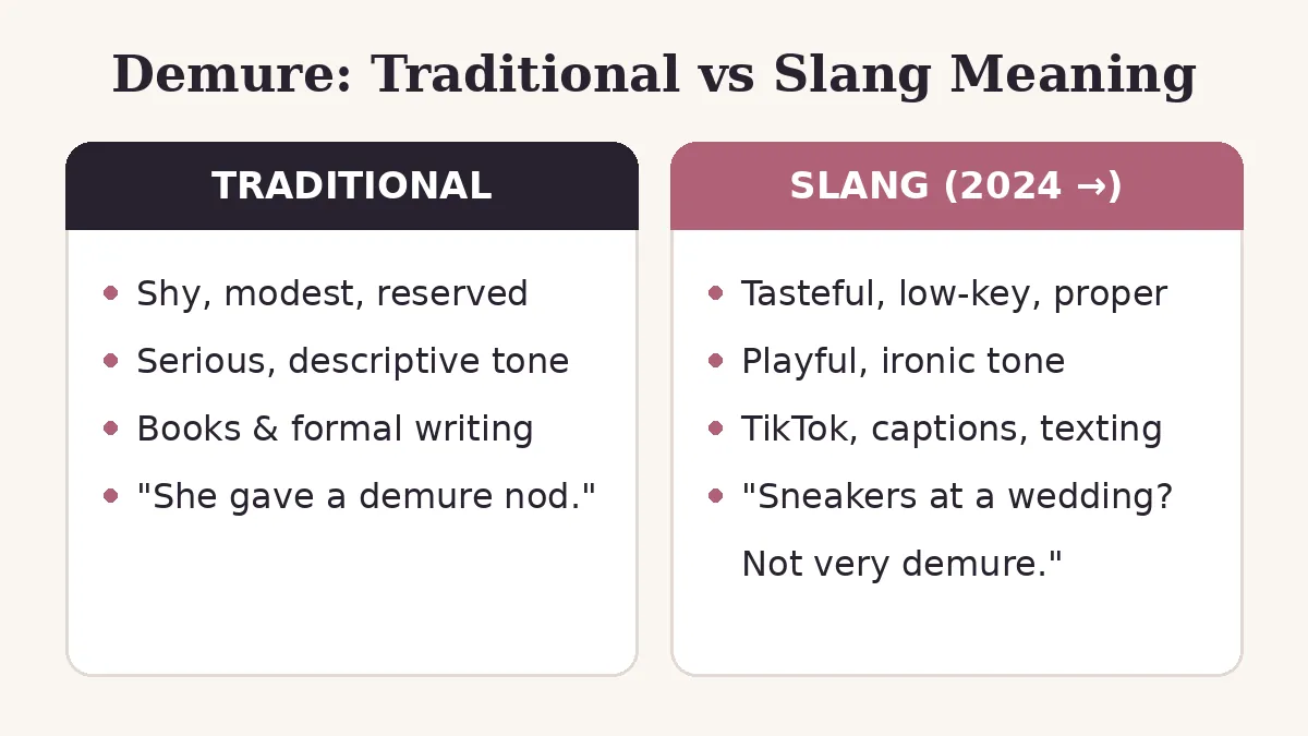 Demure traditional vs slang meaning