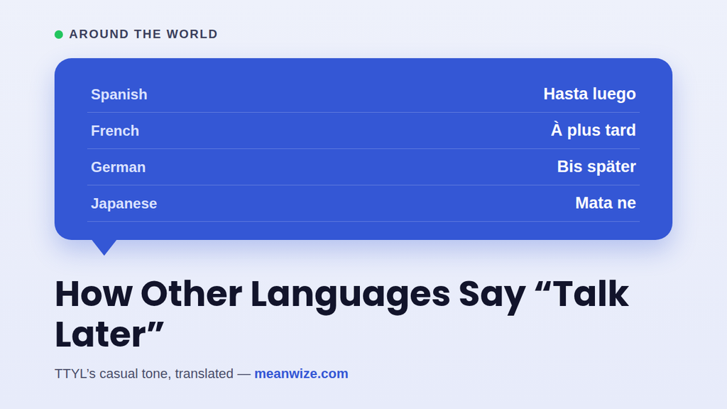 Graphic showing how to say "talk later" in Spanish, French, German, and Japanese