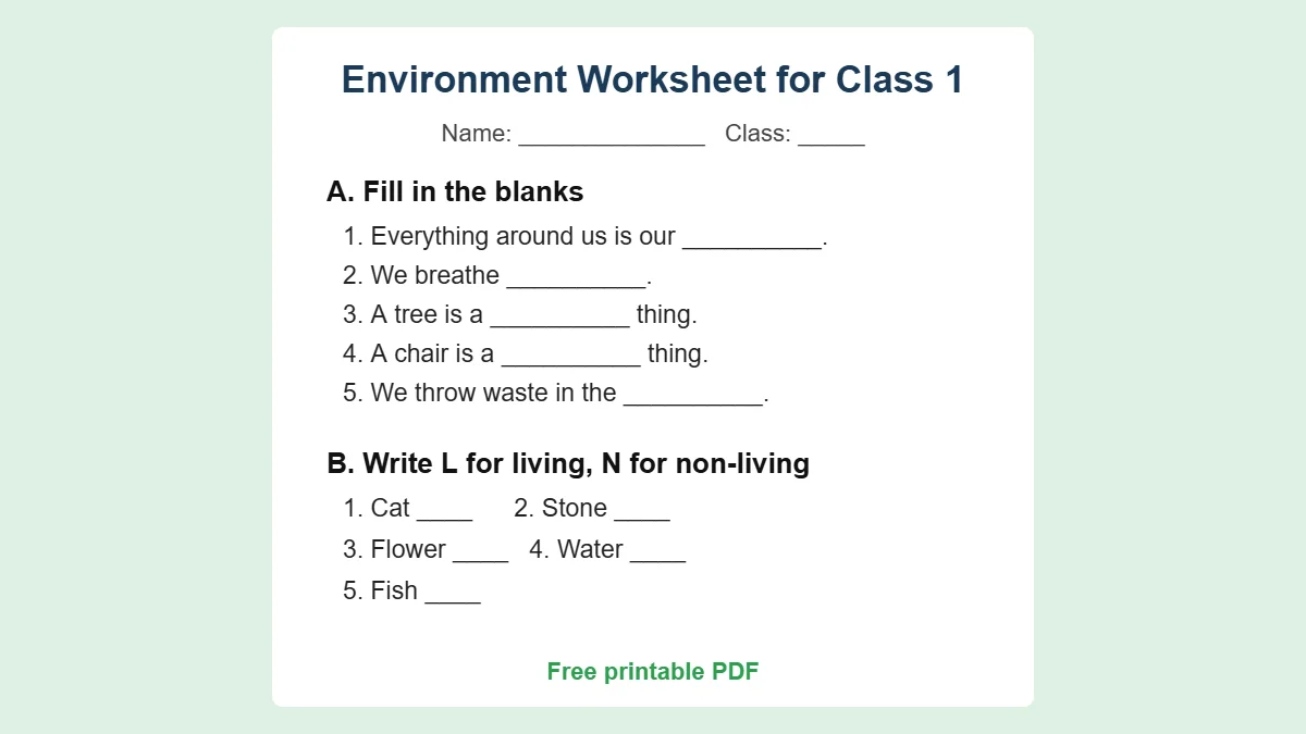 Environment worksheet for Class 1 preview