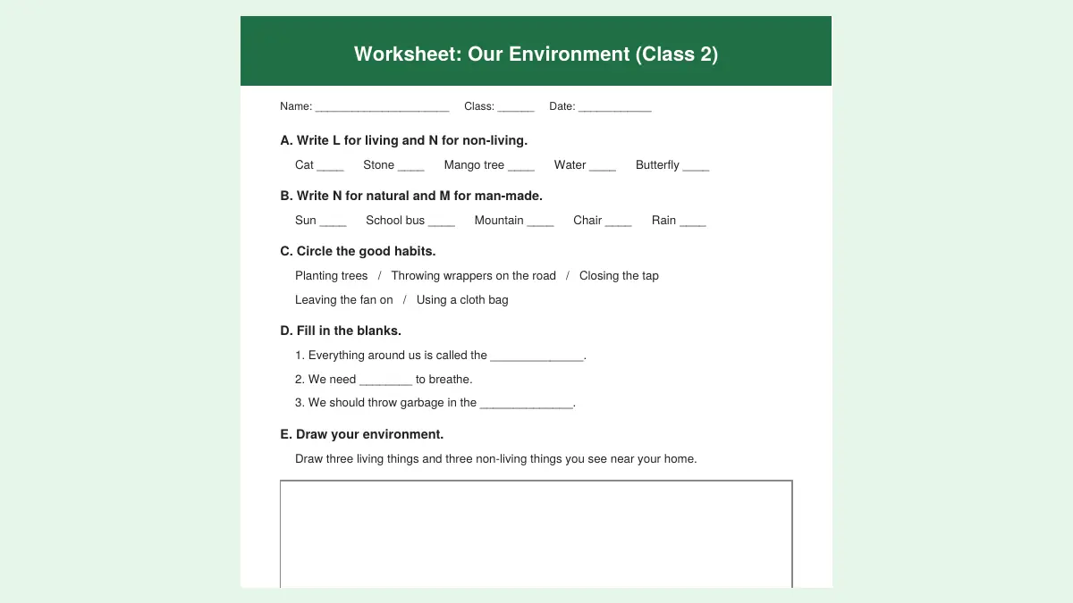 Environment worksheet for Class 2 preview