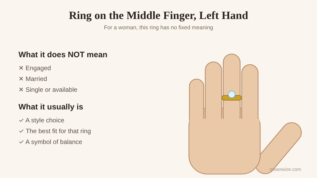 Ring on middle finger of left hand, woman