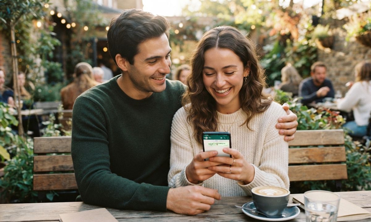 White heart meaning from a guy to a girl: couple smiling at a phone message together at an outdoor cafe