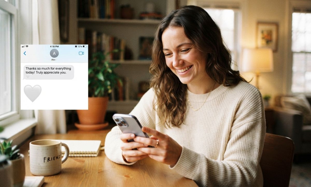 White heart emoji meaning from a girl: smiling woman reading a thank-you text with a white heart on her phone