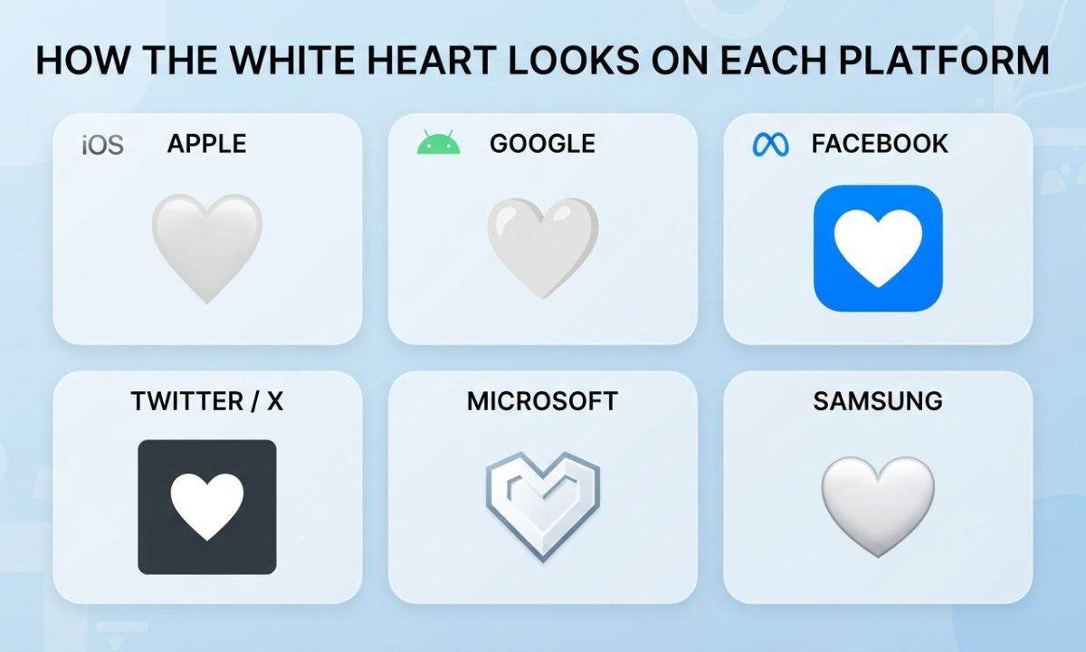 How the white heart emoji looks on Apple, Google, Facebook, Twitter/X, Microsoft, and Samsung