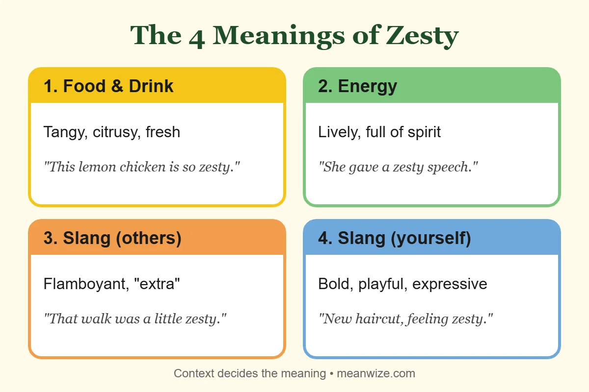 Zesty meaning infographic showing the 4 meanings of zesty in food, energy and slang