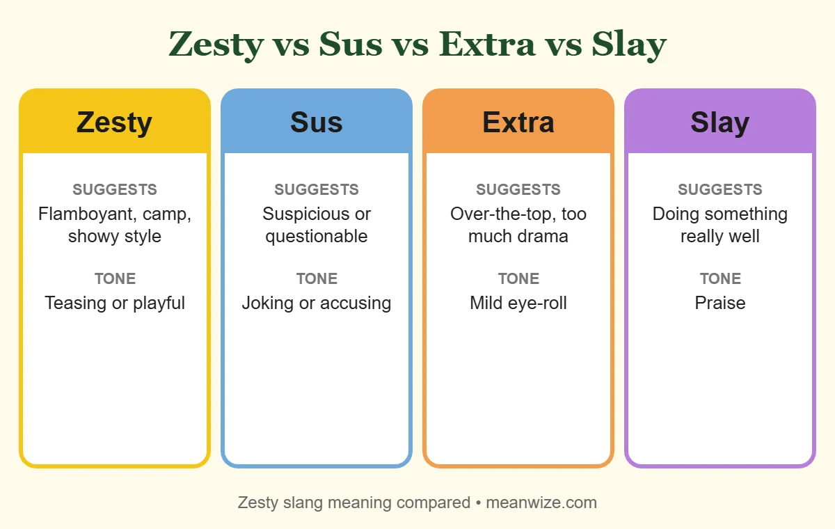 Zesty slang meaning compared with sus, extra and slay